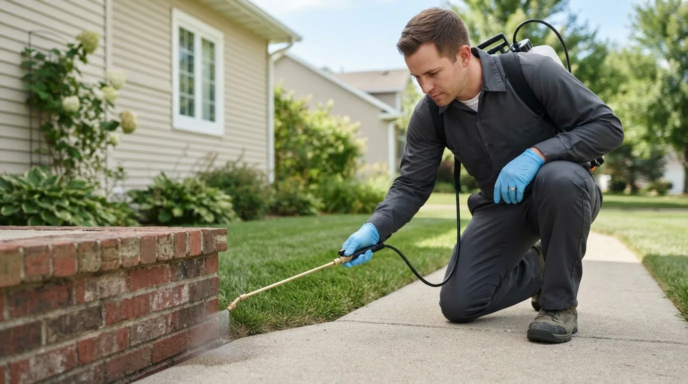 Pest control technician treating a home near Pitcairn, PA